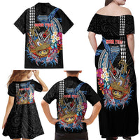Personalized Japanese Koi Fish Ramen Family Matching Off Shoulder Maxi Dress and Hawaiian Shirt Aloha Shark Kakau Pattern