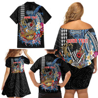 Personalized Japanese Koi Fish Ramen Family Matching Off Shoulder Short Dress and Hawaiian Shirt Aloha Shark Kakau Pattern