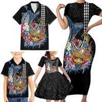 Personalized Japanese Koi Fish Ramen Family Matching Short Sleeve Bodycon Dress and Hawaiian Shirt Aloha Shark Kakau Pattern