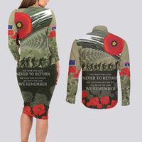 ANZAC Day We Remember Couples Matching Long Sleeve Bodycon Dress and Long Sleeve Button Shirt Maori Silver Fern Camouflage Motif