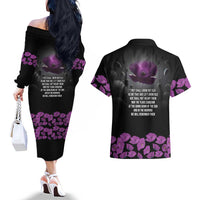 ANZAC Day Remembrance Couples Matching Off The Shoulder Long Sleeve Dress and Hawaiian Shirt Purple Poppy We Will Remember Them LT9 - Polynesian Pride