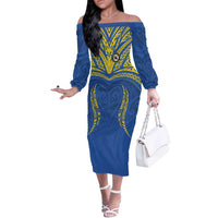 Custom Oceania Football Solomon Kings Off The Shoulder Long Sleeve Dress Polynesian Tribal Pattern LT9 Women Blue - Polynesian Pride