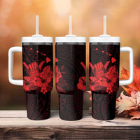 Red Hawaiian Hibiscus Shaka Sign Tumbler With Handle