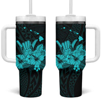 Turquoise Hawaiian Hibiscus Shaka Sign Tumbler With Handle