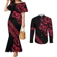 All Black Maori Tribal Tattoo Personalised Couples Matching Mermaid Dress and Long Sleeve Button Shirt Classic Red Polynesian Style - Polynesian Pride