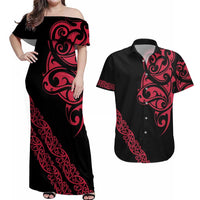 All Black Maori Tribal Tattoo Personalised Couples Matching Off Shoulder Maxi Dress and Hawaiian Shirt Classic Red Polynesian Style - Polynesian Pride