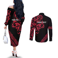 All Black Maori Tribal Tattoo Personalised Couples Matching Off The Shoulder Long Sleeve Dress and Long Sleeve Button Shirt Classic Red Polynesian Style - Polynesian Pride