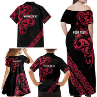 All Black Maori Tribal Tattoo Personalised Family Matching Off Shoulder Maxi Dress and Hawaiian Shirt Classic Red Polynesian Style - Polynesian Pride