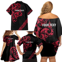 All Black Maori Tribal Tattoo Personalised Family Matching Off Shoulder Short Dress and Hawaiian Shirt Classic Red Polynesian Style LT9 - Polynesian Pride