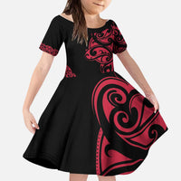 All Black Maori Tribal Tattoo Personalised Kid Short Sleeve Dress Classic Red Polynesian Style - Polynesian Pride