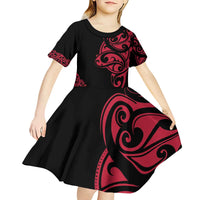 All Black Maori Tribal Tattoo Personalised Kid Short Sleeve Dress Classic Red Polynesian Style - Polynesian Pride