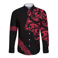 All Black Maori Tribal Tattoo Personalised Long Sleeve Button Shirt Classic Red Polynesian Style - Polynesian Pride