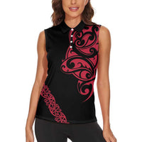 All Black Maori Tribal Tattoo Personalised Women Sleeveless Polo Shirt Classic Red Polynesian Style - Polynesian Pride
