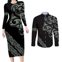 All Black Maori Tribal Tattoo Personalised Couples Matching Long Sleeve Bodycon Dress and Long Sleeve Button Shirt Moss Green Polynesian Style - Polynesian Pride