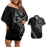 All Black Maori Tribal Tattoo Personalised Couples Matching Off Shoulder Short Dress and Hawaiian Shirt Moss Green Polynesian Style - Polynesian Pride