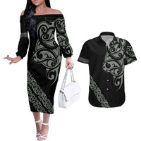 All Black Maori Tribal Tattoo Personalised Couples Matching Off The Shoulder Long Sleeve Dress and Hawaiian Shirt Moss Green Polynesian Style - Polynesian Pride