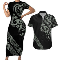 All Black Maori Tribal Tattoo Personalised Couples Matching Short Sleeve Bodycon Dress and Hawaiian Shirt Moss Green Polynesian Style - Polynesian Pride