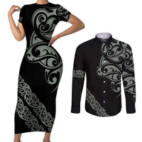 All Black Maori Tribal Tattoo Personalised Couples Matching Short Sleeve Bodycon Dress and Long Sleeve Button Shirt Moss Green Polynesian Style - Polynesian Pride