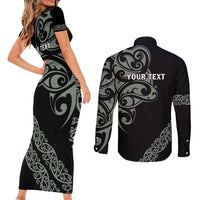 All Black Maori Tribal Tattoo Personalised Couples Matching Short Sleeve Bodycon Dress and Long Sleeve Button Shirt Moss Green Polynesian Style - Polynesian Pride