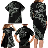 All Black Maori Tribal Tattoo Personalised Family Matching Long Sleeve Bodycon Dress and Hawaiian Shirt Moss Green Polynesian Style - Polynesian Pride