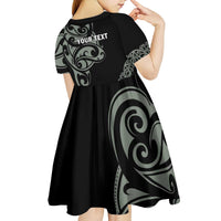 All Black Maori Tribal Tattoo Personalised Kid Short Sleeve Dress Moss Green Polynesian Style - Polynesian Pride