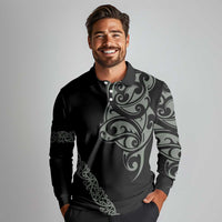 All Black Maori Tribal Tattoo Personalised Long Sleeve Polo Shirt Moss Green Polynesian Style - Polynesian Pride