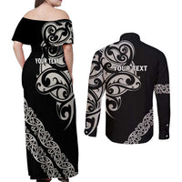 All Black Maori Tribal Tattoo Personalised Couples Matching Off Shoulder Maxi Dress and Long Sleeve Button Shirt Stone Gray Polynesian Style - Polynesian Pride