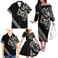 All Black Maori Tribal Tattoo Personalised Family Matching Off The Shoulder Long Sleeve Dress and Hawaiian Shirt Stone Gray Polynesian Style - Polynesian Pride