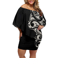 All Black Maori Tribal Tattoo Personalised Family Matching Off Shoulder Short Dress and Hawaiian Shirt Stone Gray Polynesian Style - Polynesian Pride