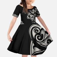 All Black Maori Tribal Tattoo Personalised Family Matching Short Sleeve Bodycon Dress and Hawaiian Shirt Stone Gray Polynesian Style - Polynesian Pride