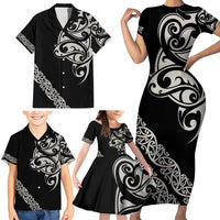 All Black Maori Tribal Tattoo Personalised Family Matching Short Sleeve Bodycon Dress and Hawaiian Shirt Stone Gray Polynesian Style - Polynesian Pride