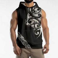 All Black Maori Tribal Tattoo Personalised Sleeveless Hoodie Stone Gray Polynesian Style - Polynesian Pride