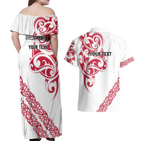 All White Maori Tribal Tattoo Personalised Couples Matching Off Shoulder Maxi Dress and Hawaiian Shirt Classic Red Polynesian Style - Polynesian Pride