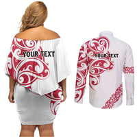 All White Maori Tribal Tattoo Personalised Couples Matching Off Shoulder Short Dress and Long Sleeve Button Shirt Classic Red Polynesian Style - Polynesian Pride