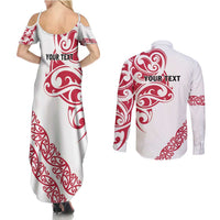 All White Maori Tribal Tattoo Personalised Couples Matching Summer Maxi Dress and Long Sleeve Button Shirt Classic Red Polynesian Style - Polynesian Pride