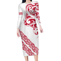 All White Maori Tribal Tattoo Personalised Family Matching Long Sleeve Bodycon Dress and Hawaiian Shirt Classic Red Polynesian Style - Polynesian Pride