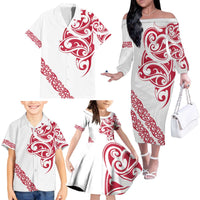All White Maori Tribal Tattoo Personalised Family Matching Off The Shoulder Long Sleeve Dress and Hawaiian Shirt Classic Red Polynesian Style - Polynesian Pride