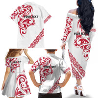 All White Maori Tribal Tattoo Personalised Family Matching Off The Shoulder Long Sleeve Dress and Hawaiian Shirt Classic Red Polynesian Style - Polynesian Pride