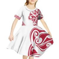 All White Maori Tribal Tattoo Personalised Kid Short Sleeve Dress Classic Red Polynesian Style - Polynesian Pride