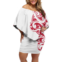 All White Maori Tribal Tattoo Personalised Off Shoulder Short Dress Classic Red Polynesian Style - Polynesian Pride