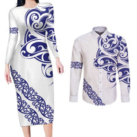 All White Maori Tribal Tattoo Personalised Couples Matching Long Sleeve Bodycon Dress and Long Sleeve Button Shirt Dark Blue Polynesian Style - Polynesian Pride