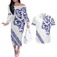 All White Maori Tribal Tattoo Personalised Couples Matching Off The Shoulder Long Sleeve Dress and Hawaiian Shirt Dark Blue Polynesian Style - Polynesian Pride