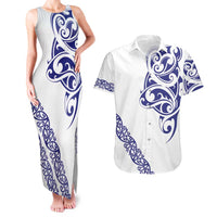 All White Maori Tribal Tattoo Personalised Couples Matching Tank Maxi Dress and Hawaiian Shirt Dark Blue Polynesian Style - Polynesian Pride