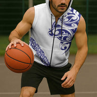 All White Maori Tribal Tattoo Personalised Sleeveless Zip Hoodie Dark Blue Polynesian Style LT9