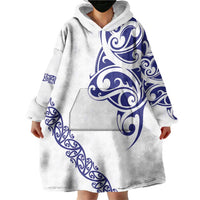 All White Maori Tribal Tattoo Personalised Wearable Blanket Hoodie Dark Blue Polynesian Style - Polynesian Pride