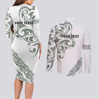 All White Maori Tribal Tattoo Personalised Couples Matching Long Sleeve Bodycon Dress and Long Sleeve Button Shirt Moss Green Polynesian Style LT9 - Polynesian Pride