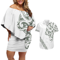 All White Maori Tribal Tattoo Personalised Couples Matching Off Shoulder Short Dress and Hawaiian Shirt Moss Green Polynesian Style - Polynesian Pride