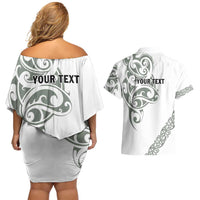 All White Maori Tribal Tattoo Personalised Couples Matching Off Shoulder Short Dress and Hawaiian Shirt Moss Green Polynesian Style - Polynesian Pride
