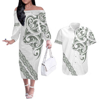 All White Maori Tribal Tattoo Personalised Couples Matching Off The Shoulder Long Sleeve Dress and Hawaiian Shirt Moss Green Polynesian Style - Polynesian Pride