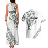 All White Maori Tribal Tattoo Personalised Couples Matching Tank Maxi Dress and Hawaiian Shirt Moss Green Polynesian Style - Polynesian Pride